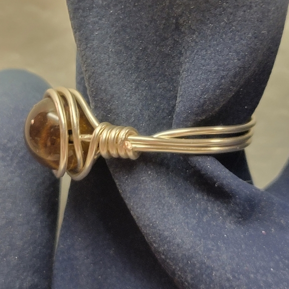 Silver Wire Wrapped and Natural Tiger Eye Bead Ring - Picture 5 of 6